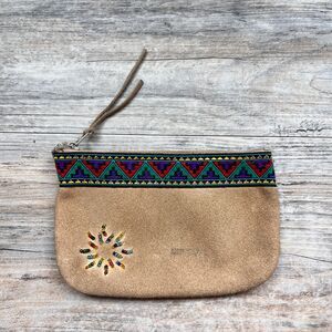 Vintage Suede Beaded Pouch Southwestern Trim Boho Clutch Zip Top Coin Purse